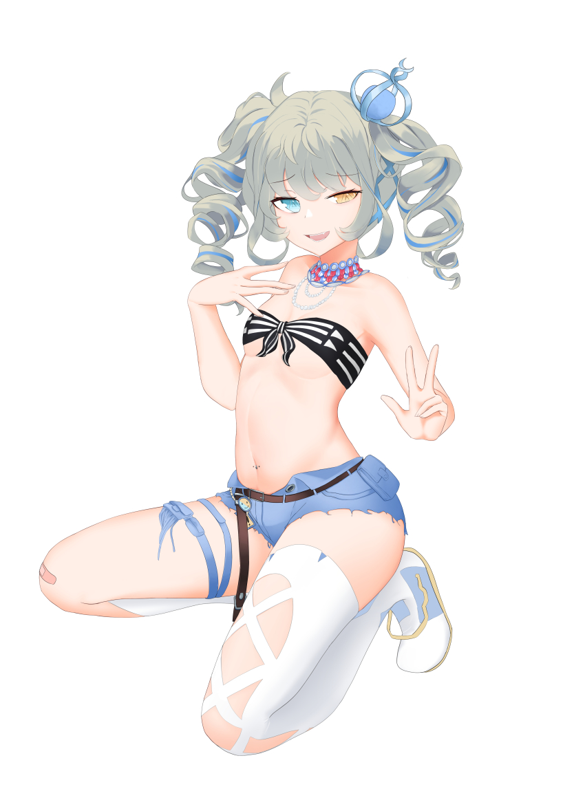 1girl absurdres asymmetrical_legwear bandaid bandaid_on_knee bandaid_on_leg bare_shoulders belt black_tank_top blue_eyes blush breasts collarbone crown denim denim_shorts drill_hair drill_sidelocks full_body girls&#039;_frontline hair_ornament hand_on_own_chest heterochromia highres jewelry looking_at_viewer medium_hair mini_crown multicolored_hair navel navel_piercing necklace nonoan_jp open_mouth orange_eyes piercing shorts sidelocks simple_background sitting small_breasts smug solo tank_top torn_footwear two-tone_hair v white_background zip.22_(girls&#039;_frontline)