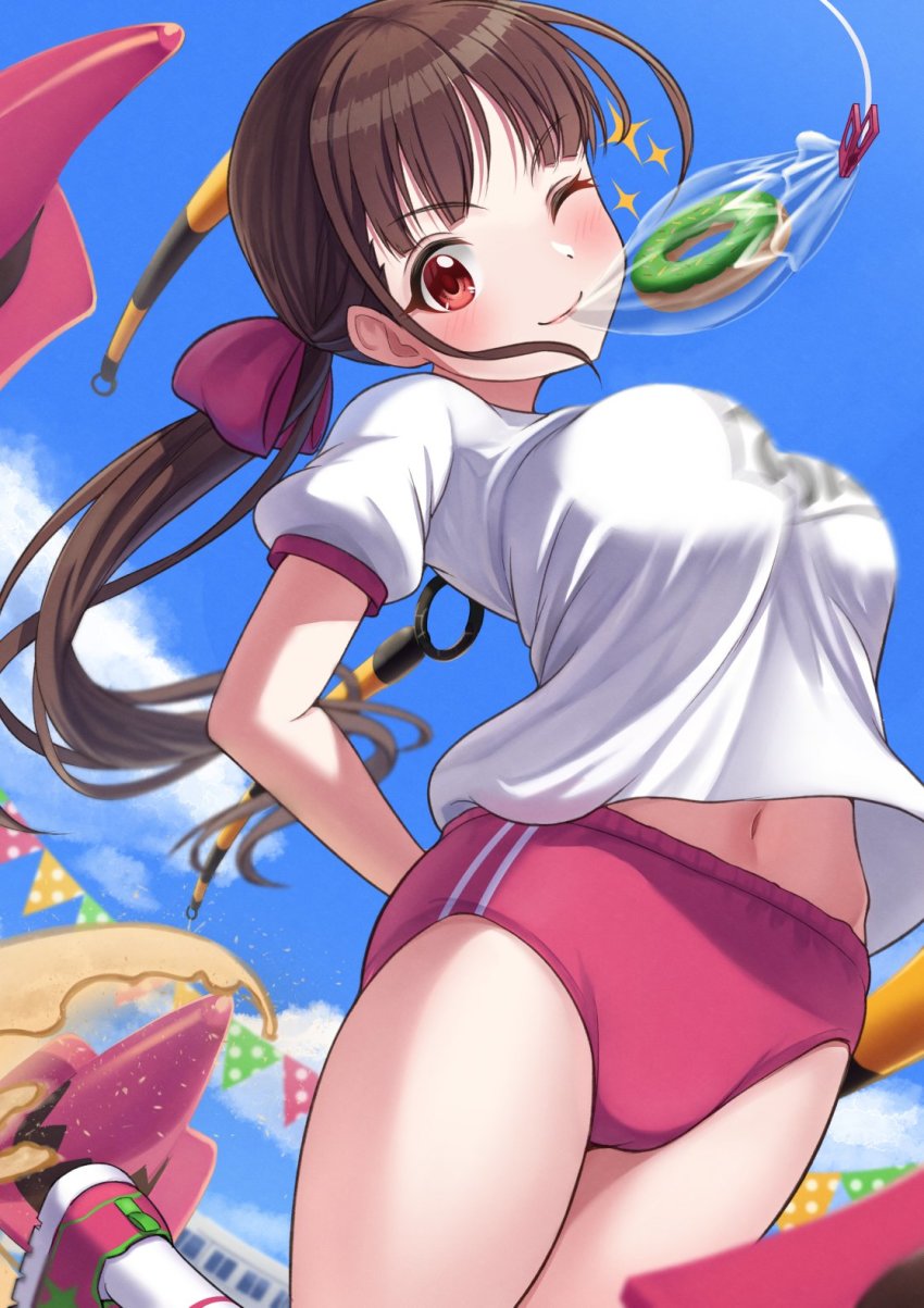 1girl blue_sky blush bow bread_eating_race breasts brown_eyes brown_hair buruma cameltoe cloud commentary day donut food hair_bow highres idolmaster idolmaster_shiny_colors large_breasts long_hair looking_at_viewer midriff_peek motion_blur name_tag navel one_eye_closed osoba_susurukun outdoors pink_bow pink_buruma pink_shoes ponytail sand shirt shoes short_sleeves sky smile sneakers socks solo sonoda_chiyoko sparkle thighs traffic_cone v-shaped_eyebrows white_shirt white_socks