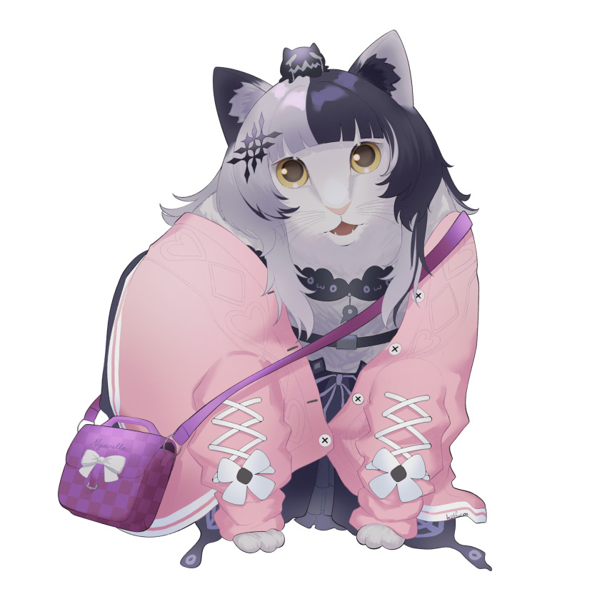 animalization bag black_hair cardigan cat grey_hair handbag hazel_(hzlform) highres hololive hololive_english huh?_cat_(meme) looking_at_viewer meme multicolored_hair no_humans open_mouth pink_cardigan shiori_novella solo split-color_hair two-tone_hair virtual_youtuber white_background yellow_eyes yorick_(shiori_novella)