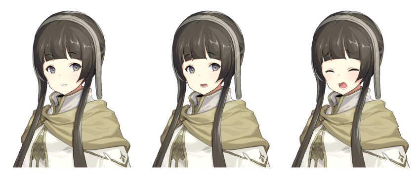 1girl bad_id bad_twitter_id blunt_bangs brown_capelet capelet closed_eyes d: multiple_expressions grey_eyes hairband km_yama looking_at_viewer multiple_views open_mouth original parted_lips short_hair_with_long_locks sidelocks simple_background smile white_background