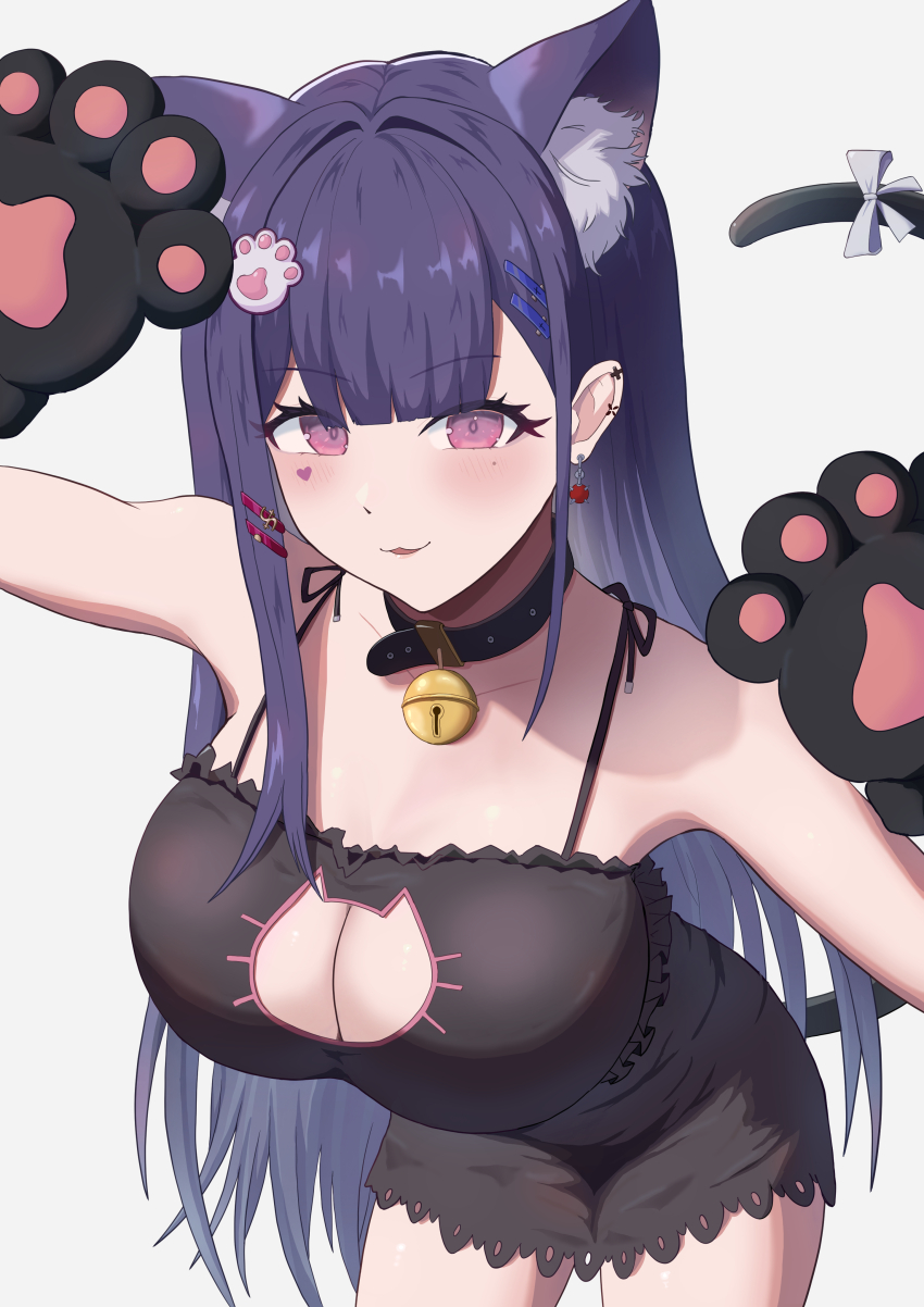 1girl absurdres akuma_nihmune animal_ear_fluff animal_ears animal_hands bell belt_collar black_collar black_dress breasts cat_cutout cat_ears cat_girl cat_paws cat_tail cleavage cleavage_cutout clothing_cutout collar dress facial_tattoo hair_ornament hairpin heart heart_tattoo highres indie_virtual_youtuber jingle_bell large_breasts long_hair looking_at_viewer meibin neck_bell open_mouth paw_hair_ornament purple_eyes purple_hair smile solo tail tattoo very_long_hair virtual_youtuber