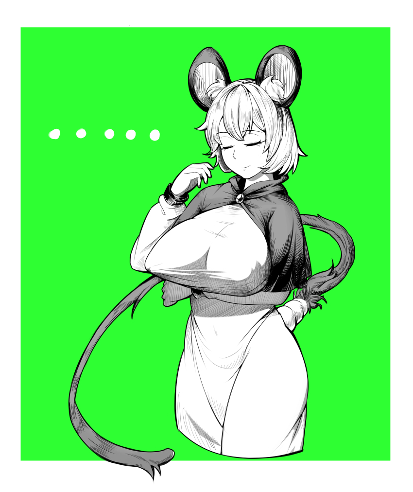 ... 1girl absurdres animal_ear_fluff animal_ears arm_under_breasts breasts capelet closed_eyes closed_mouth commentary cookie_(touhou) covered_erect_nipples cowboy_shot dated_commentary green_background greyscale_with_colored_background highres large_breasts mouse_ears mouse_girl mouse_tail nazrin nyon_(cookie) ooga_chaka short_hair smile solo tail touhou