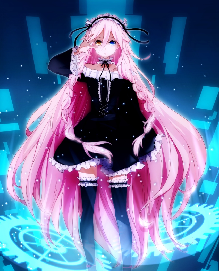 1girl black_dress black_thighhighs blue_eyes collar collarbone conone dress female_focus gothic_lolita heterochromia highres ia_(vocaloid) lolita_fashion long_hair looking_at_viewer maid_headdress pink_hair solo thighhighs vocaloid yellow_eyes zettai_ryouiki