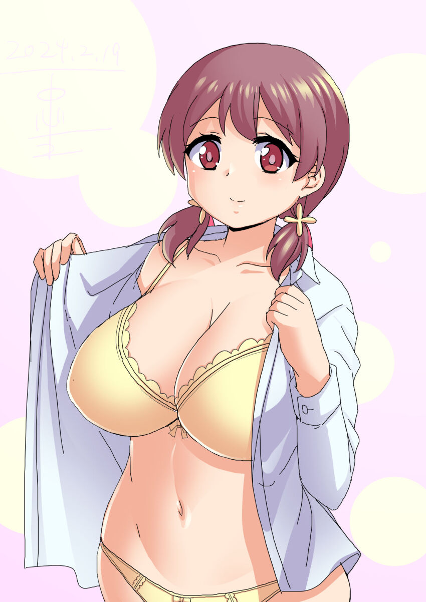 1girl bra breasts brown_eyes brown_hair cleavage closed_mouth collarbone collared_shirt commentary_request hair_ornament highres large_breasts long_sleeves looking_at_viewer murosaki_miyo navel onii-chan_wa_oshimai! open_clothes open_shirt panties shirt short_twintails smile solo standing tadano_myoushi twintails underwear white_shirt yellow_bra yellow_panties