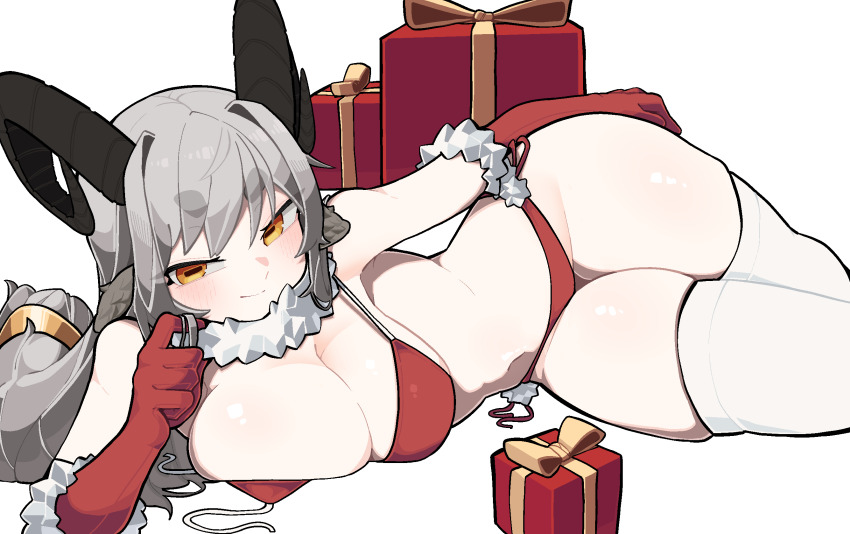 animal_ears bikini bolt_(min_lona) breast_press breasts christmas cleavage gift gloves goat_ears goat_girl goat_horns grey_hair highres horizontal_pupils horns large_breasts long_hair min_lona original red_bikini red_gloves simple_background swimsuit thighhighs thighs white_background white_thighhighs