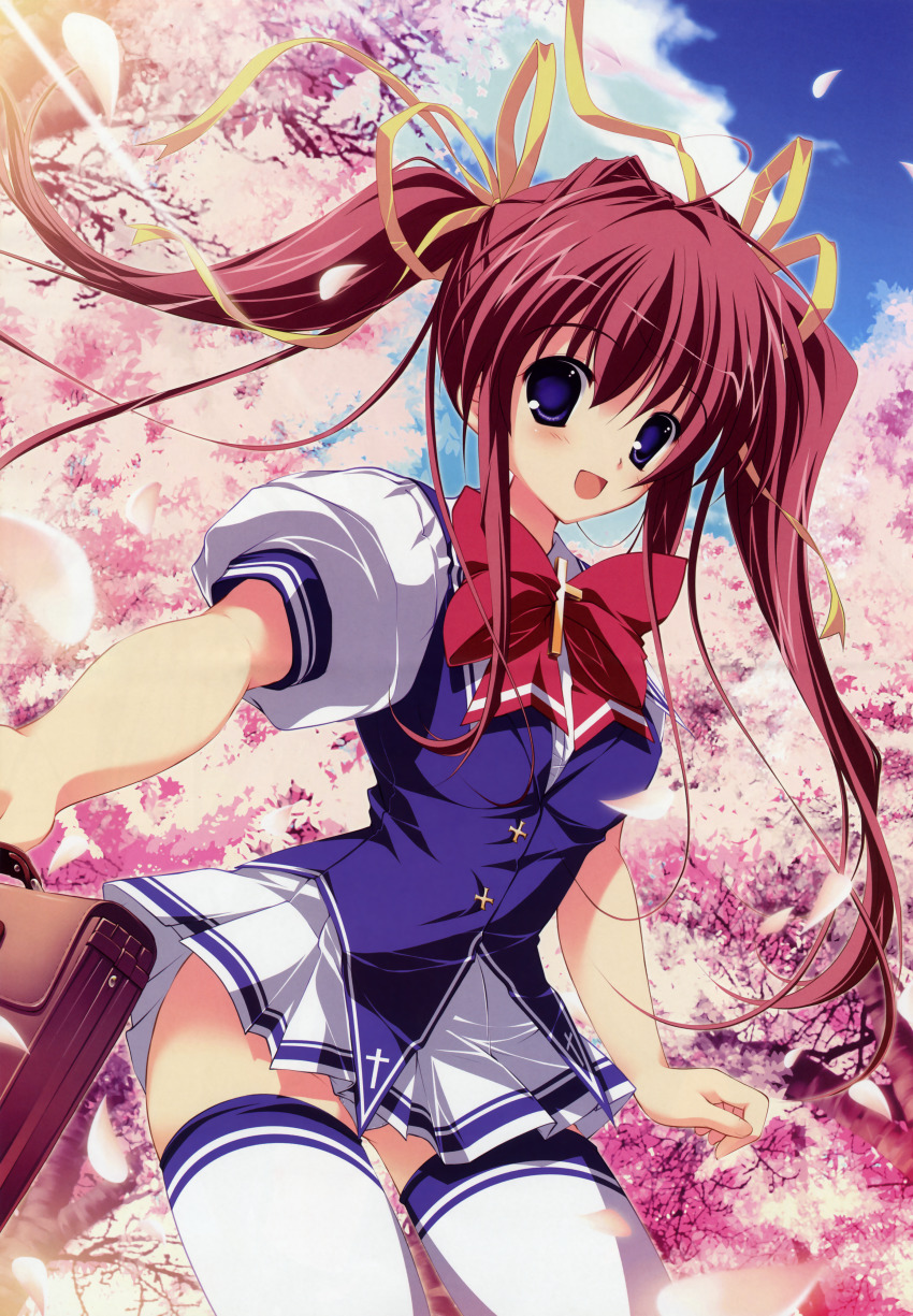 1girl absurdres asakura_nanao blue_eyes female_focus hair_ribbon highres long_hair lyrical_ds lyrical_lyric mikeou petals red_hair ribbon school_uniform solo thighhighs twintails white_thighhighs zettai_ryouiki