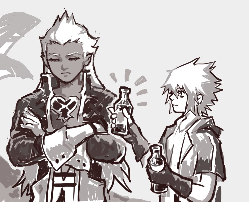 2boys absurdres ansem_seeker_of_darkness bottle closed_eyes coat crossed_arms dark-skinned_male dark_skin drink eyelashes gloves hair_slicked_back highres holding holding_drink kingdom_hearts kingdom_hearts_i light_frown long_hair looking_at_another male_focus monochrome multiple_boys shirt short_hair smile snoozaga soda soda_bottle sora_(kingdom_hearts) spiked_hair