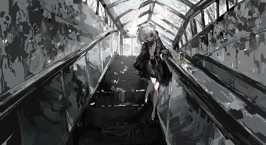 1girl black_footwear black_jacket black_skirt blood blood_on_chest chinese_commentary closed_mouth commentary_request escalator eyepatch full_body grey_eyes grey_theme highres indoors jacket maid_headdress medium_hair open_clothes open_jacket original skirt smile solo vihua6 white_hair