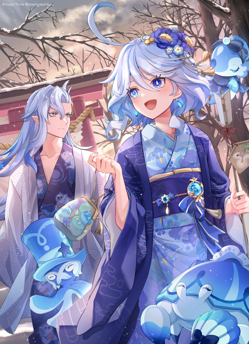 1boy 1girl absurdres ahoge alternate_costume anemonaris arrow_(projectile) artist_name bag blue_eyes blue_hair blue_haori blue_kimono closed_mouth cloud cloudy_sky commentary_request drop-shaped_pupils earrings eyelash_ornament facing_viewer furina_(genshin_impact) genshin_impact gentilhomme_usher hair_between_eyes hair_ornament hamaya haori heterochromia highres holding holding_arrow holding_bag hydro_symbol_(genshin_impact) japanese_clothes jewelry kimono long_hair mademoiselle_crabaletta neuvillette_(genshin_impact) obi obijime open_mouth outdoors pointy_ears print_kimono sash short_hair sky snow surintendante_chevalmarin symbol-shaped_pupils torii tree twitter_username vision_(genshin_impact) white_haori