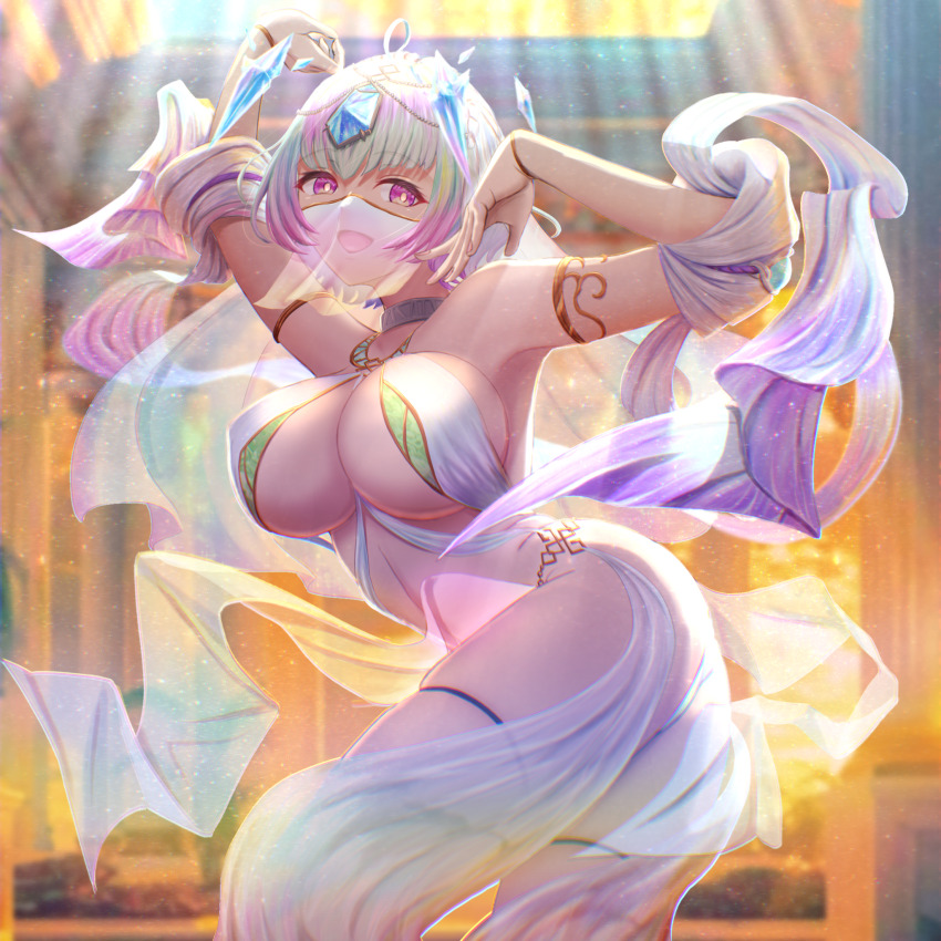 1girl alternate_costume arm_up ass bob_cut breasts dancer dancing fire_emblem fire_emblem_heroes highres large_breasts looking_at_viewer looking_back matoimangekyo mouth_veil multicolored_hair nintendo purple_eyes revealing_clothes see-through_clothes see-through_veil seidr_(fire_emblem) sideboob underboob veil