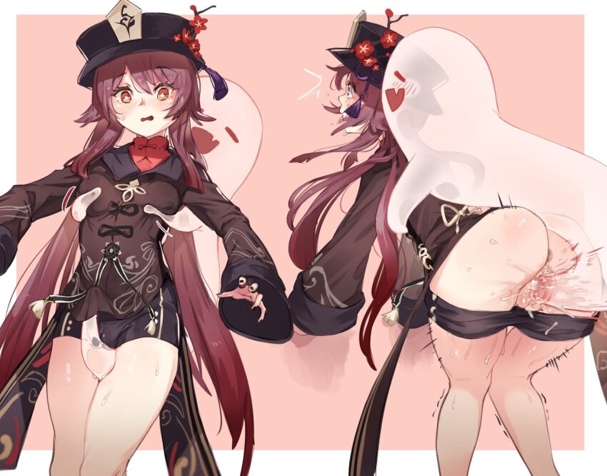 1girl anus black_headwear black_nails blush boo_tao_(genshin_impact) brown_hair cleft_of_venus flower-shaped_pupils genshin_impact ghost grabbing_another&#039;s_breast grabbing_from_behind groping hair_between_eyes hat hetero hu_tao_(genshin_impact) long_hair long_sleeves mocomori molestation open_mouth penis pussy red_eyes sex shorts symbol-shaped_pupils twintails vaginal very_long_hair