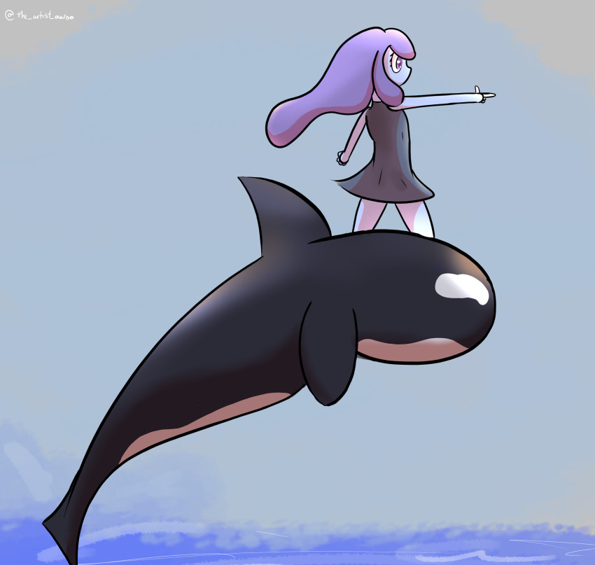 1girl animal animal_focus arm_at_side artist_name bare_shoulders black_dress blue_background blue_skin blue_theme cloud colored_skin dress eyelashes female_focus full_body highres jumping long_hair looking_ahead ocean orca original outdoors outstretched_arm pointing profile purple_eyes purple_hair riding sidelocks sky sleeveless standing standing_on_animal theartistaurora thighs twitter_username water waves whale