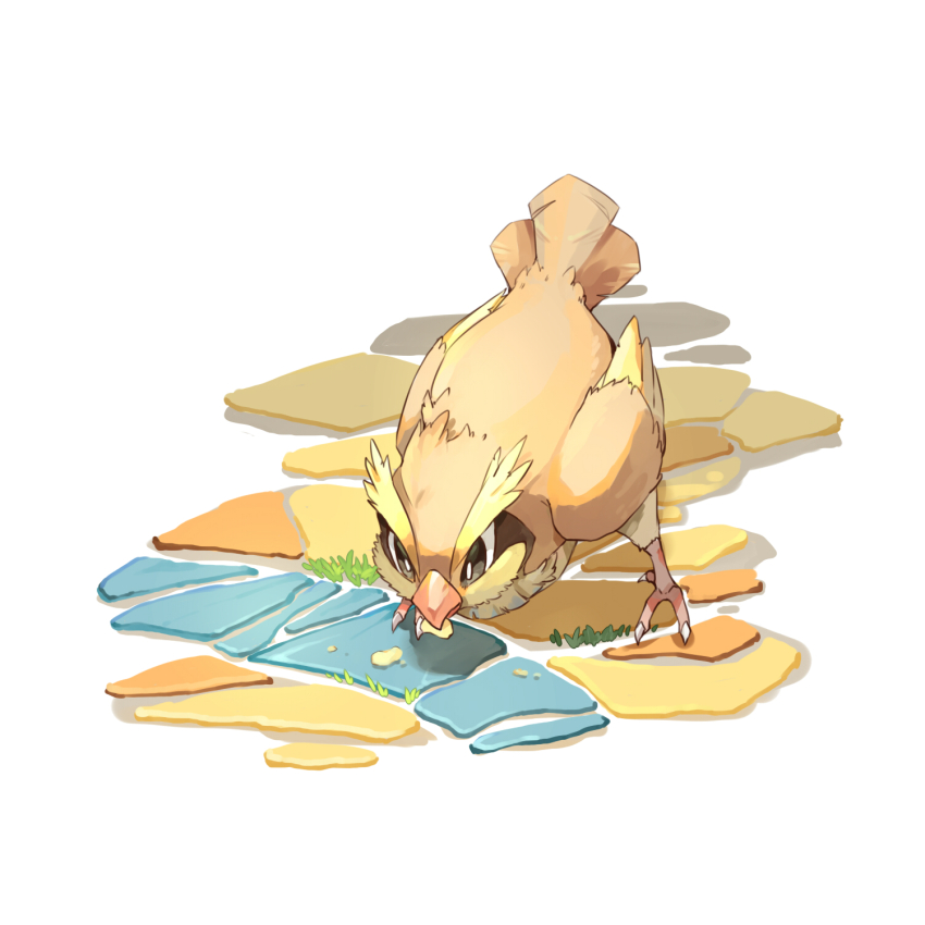 animal_focus bird black_eyes bright_pupils creatures_(company) crumbs dlitw eating food_in_mouth full_body game_freak gen_1_pokemon highres nintendo no_humans pidgey pokemon pokemon_(creature) simple_background solo stone_floor talons white_background white_pupils