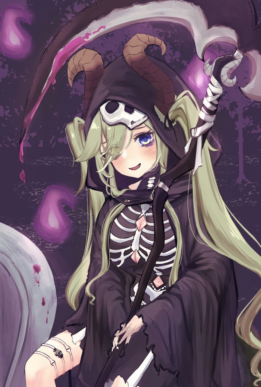 1girl alternate_costume alternate_hairstyle bags_under_eyes black_robe blue_eyes blush breasts cleavage cleavage_cutout clothing_cutout commentary_request cosplay death_(entity) eyes_visible_through_hair feet_out_of_frame green_hair grim_reaper grim_reaper_(cosplay) hair_between_eyes hair_over_one_eye heterochromia highres hitodama holding holding_scythe hood hood_up hooded_robe large_breasts long_bangs long_hair looking_at_viewer nanashi_inc. navel navel_cutout nukokaki open_mouth robe scythe sekishiro_mico sidelocks sitting skeleton_print smile solo swept_bangs twintails very_long_hair virtual_youtuber yellow_eyes