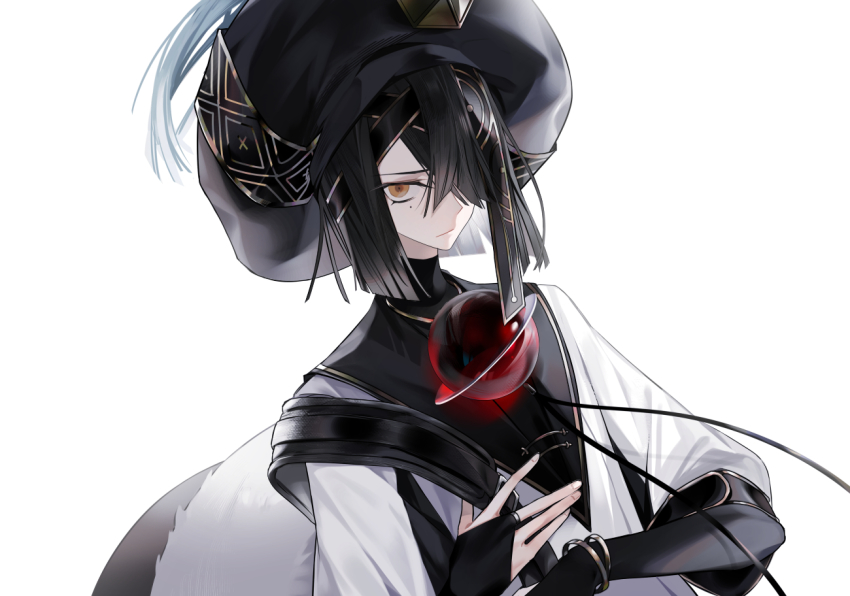 1girl :| black_hair black_hat bracelet breasts bridal_gauntlets brown_eyes chinese_clothes closed_mouth commentary_request doll expressionless fate/grand_order fate_(series) hair_over_one_eye hat jewelry long_sleeves looking_at_viewer mole mole_under_eye robe serious short_hair simple_background small_breasts solo space_xu_fu_(fate) to0folder80 upper_body white_background white_robe xu_fu_(fate) yu_mei-ren_(fate)