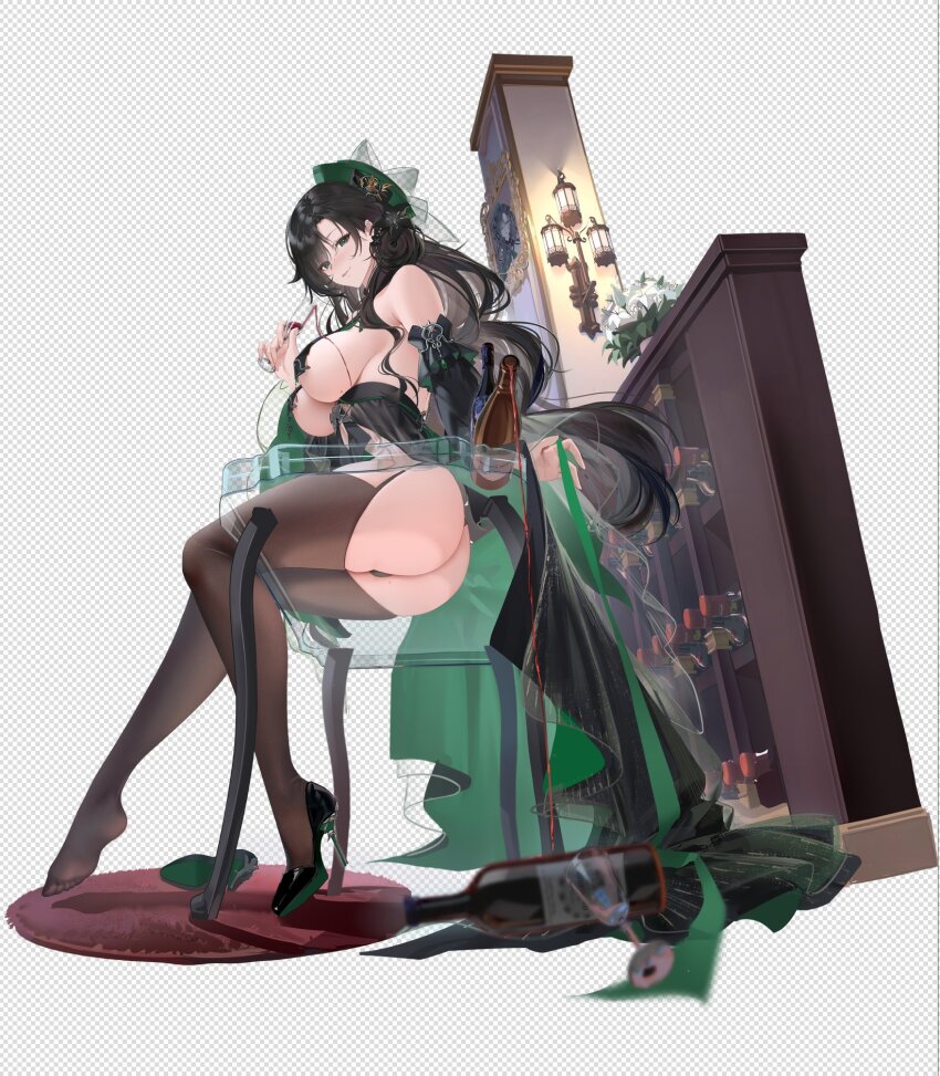 1girl alcohol black_dress black_hair bottle breast_curtains breasts champagne_flute character_request commentary_request congqian_you_ke_xing copyright_request cup detached_sleeves dress drinking_glass from_below garter_straps green_eyes grid_background hat high_heels highres holding holding_cup lantern large_breasts long_hair long_skirt mat original picture_frame porkpie_hat pouring pouring_onto_self revealing_clothes sideboob sitting skirt spilling table thighhighs underboob wine_rack