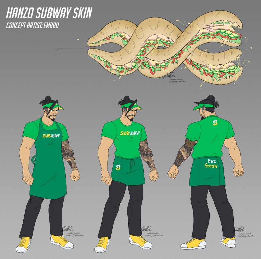 1boy apron arm_tattoo artist_name beard black_hair black_pants bread commentary embbu employee_uniform english_commentary english_text facial_hair fast_food_uniform food full_body gradient_background green_apron green_shirt grey_background ham hanzo_(overwatch) highres lettuce male_focus multiple_views overwatch overwatch_1 pants ponytail sandwich shirt shoes short_hair short_sleeves signature simple_background submarine_sandwich subway_(company) tattoo tumblr_username twitter_username yellow_shoes