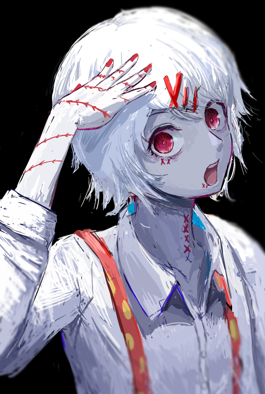 1boy :d androgynous black_background collared_shirt grey_shirt hair_ornament hairclip highres looking_at_viewer male_focus nail_polish open_mouth red_eyes red_nails shirt short_hair simple_background smile solo stitches suspenders suzuya_juuzou teeth tokyo_ghoul ttssfy_(shirato_ra) upper_teeth_only x_hair_ornament