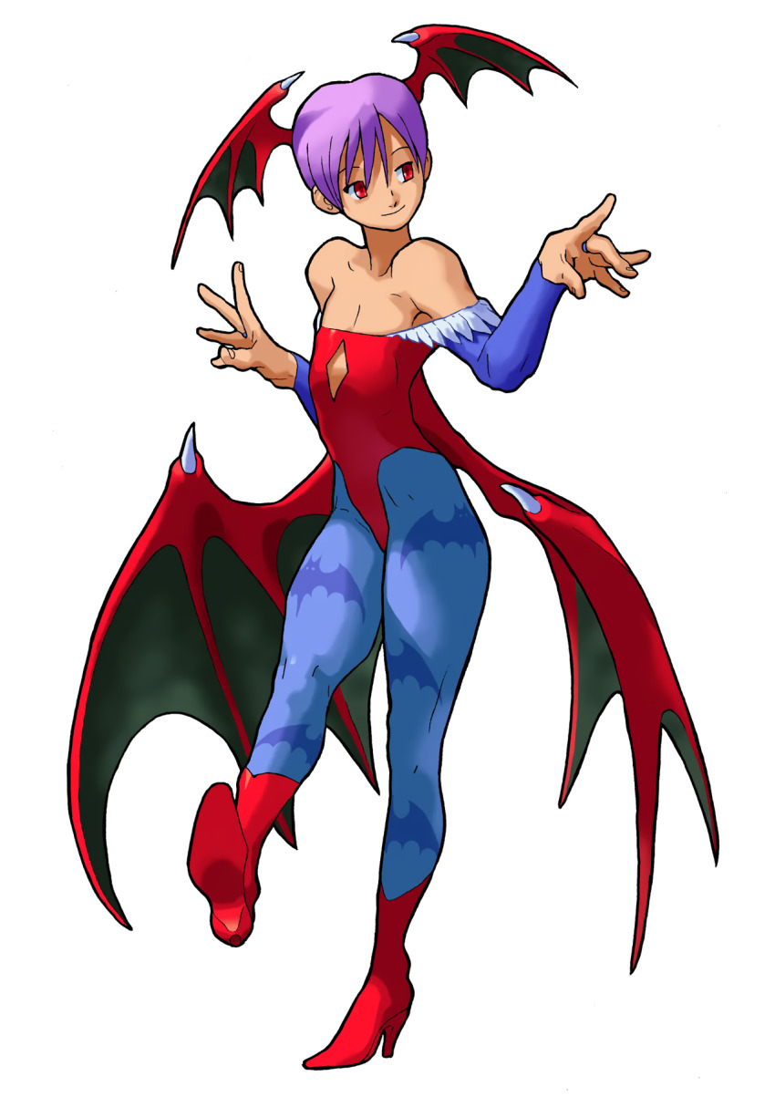 1girl animal_print bare_shoulders bat_print bat_wings bengus blue_pantyhose boots bridal_gauntlets darkstalkers demon_girl diamond_cutout flat_chest full_body head_wings high_heels highres leotard lilith_(darkstalkers) multiple_wings non-web_source official_art pantyhose photoshop_(medium) print_pantyhose purple_hair red_eyes red_leotard red_wings short_hair simple_background solo standing vampire_savior:_the_lord_of_vampire white_background wings