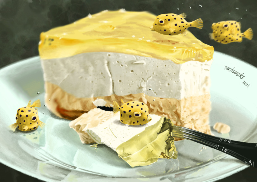 absurdres animal_focus black_background boxfish bubble cake cheesecake dated fish food food_focus highres no_humans original plate reflection shadow signature surreal tainosuke yellow_boxfish