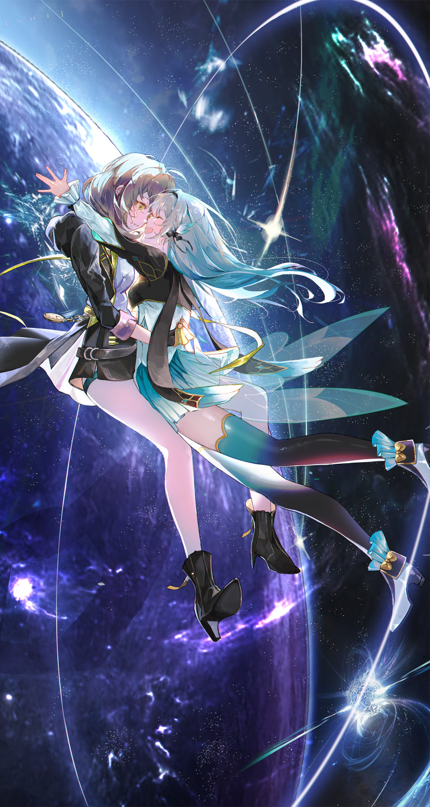 2girls absurdres aqua_hair aqua_skirt aqua_thighhighs black_footwear black_gloves black_hairband black_jacket black_skirt black_thighhighs closed_eyes cropped_jacket firefly_(honkai:_star_rail) gloves gradient_hair gradient_legwear grey_hair hair_ornament hairband high_heels highres honkai:_star_rail honkai_(series) hug jacket kuren_kren long_hair long_sleeves looking_at_another multicolored_hair multiple_girls open_clothes open_jacket open_mouth parted_lips shirt skirt smile stelle_(honkai:_star_rail) tears thigh_strap thighhighs trailblazer_(honkai:_star_rail) white_footwear white_shirt yellow_eyes