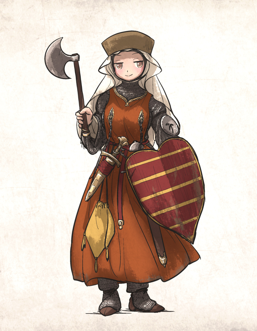 1girl armor axe battle_axe belt brown_eyes chainmail chausses coif dagger full_body hauberk highres holding holding_axe holding_shield holding_weapon ironlily knife medieval original rondel scabbard sheath sheathed shield smirk solo surcoat sword veil weapon white_veil wimple