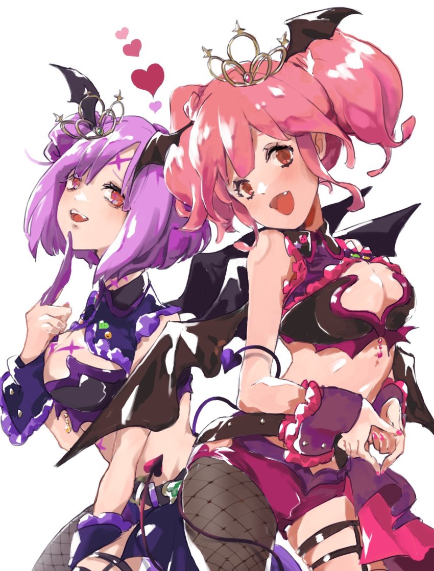 2girls breasts brown_hair cleavage cleavage_cutout clothing_cutout crop_top demon_tail demon_wings double_bun eyebrows_hidden_by_hair fang fangs finger_to_own_chin hair_bun heart highres leaning_forward leaning_to_the_side macross macross_delta macross_delta:_zettai_live!!!!!! makina_nakajima medium_breasts multiple_girls no31990 open_mouth own_hands_together pink_hair purple_hair red_eyes short_hair single_leg_pantyhose smile tail thigh_strap tiara twintails wings wrist_cuffs yami_makina