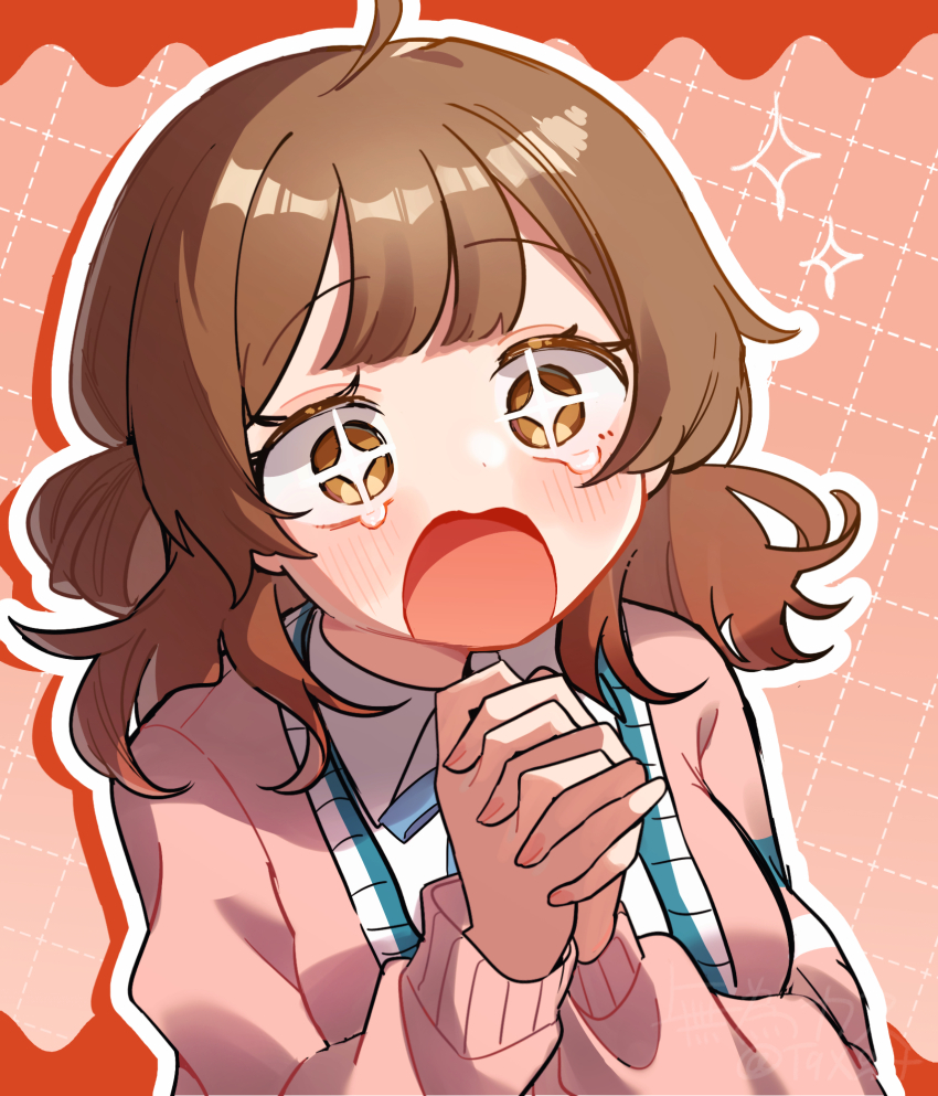 +_+ 1girl :o ahoge blush breasts brown_hair cardigan commentary_request dotted_line gakuen_idolmaster hanami_ume hatsuboshi_gakuen_school_uniform highres idolmaster interlocked_fingers looking_ahead medium_breasts mui_(tqxg4) outline own_hands_together pink_cardigan school_uniform shirt solo tears white_outline white_shirt