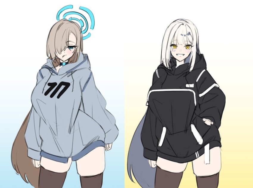 1girl asuna_(blue_archive) black_hoodie black_thighhighs blanc_(nikke) blue_archive blue_eyes breasts choker goddess_of_victory:_nikke gradient_background grey_hoodie grin hair_over_one_eye halo hood hoodie large_breasts long_hair miisang47 millennium_science_school_logo simple_background smile thighhighs trait_connection white_hair yellow_eyes