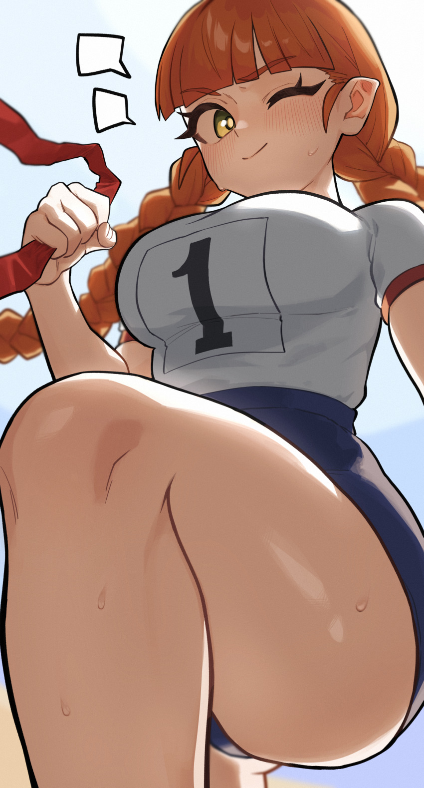 1girl absurdres blue_buruma braid breasts buruma contemporary fujinari green_eyes gym_uniform highres large_breasts leg_up long_hair one_eye_closed orange_hair pointy_ears smile sweat thighs twin_braids unicorn_overlord yunifi_(unicorn_overlord)