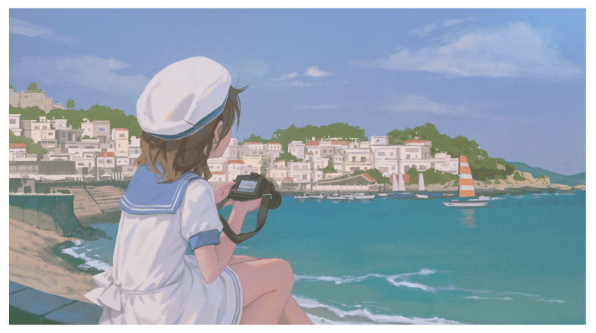 1girl absurdres beach blue_sailor_collar blue_sky boat border brown_hair building camera cloud day dress from_behind hat highres holding holding_camera hyxifeng medium_hair ocean original outdoors sailor_collar sailor_dress sailor_hat scenery school_uniform serafuku shore short_hair short_sleeves sitting sky solo water watercraft white_border white_dress