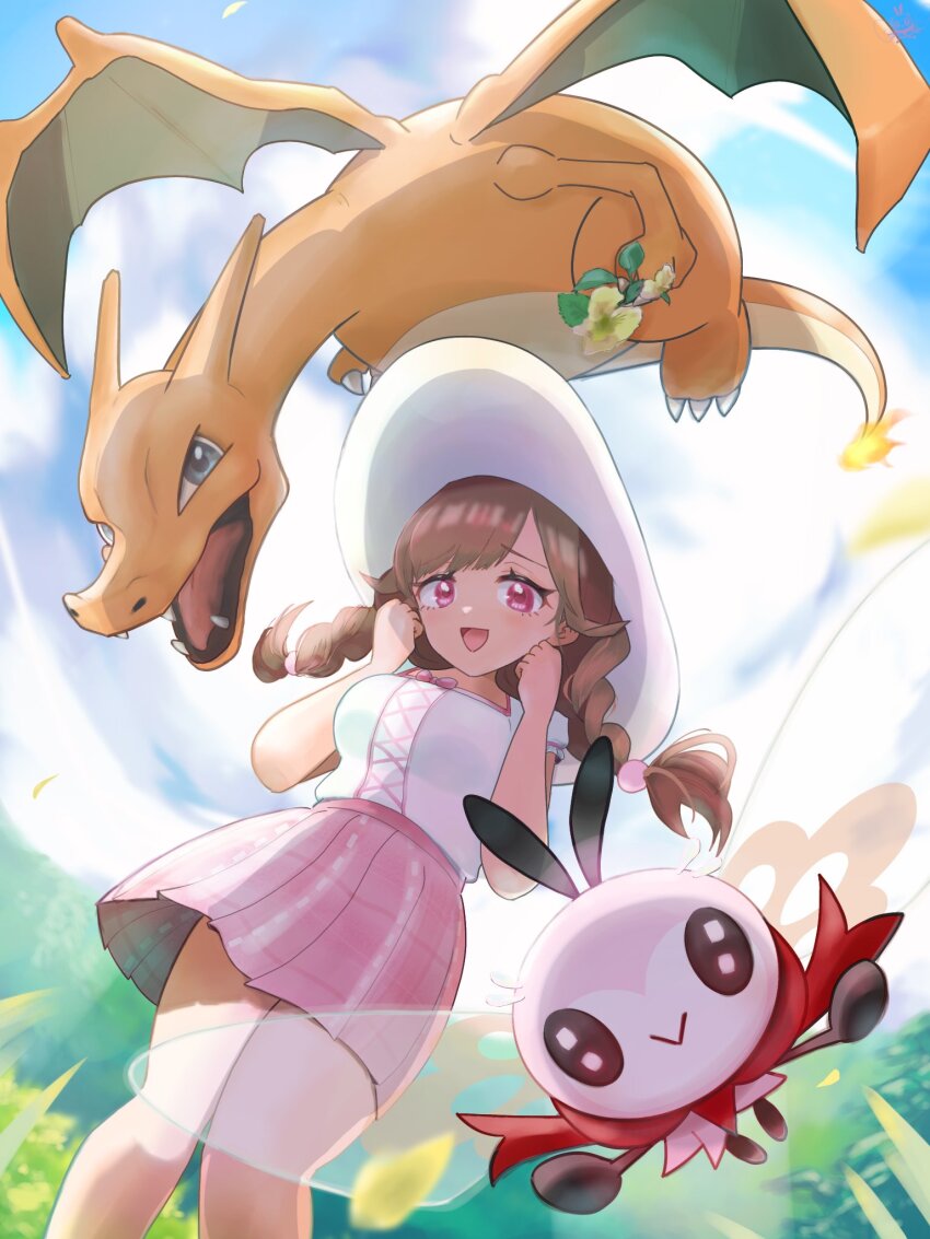 1girl :d alternate_color bow bowtie braid brown_hair cbpea1 charizard claws commentary creatures_(company) dragon eyelashes flame-tipped_tail from_below game_freak gen_1_pokemon gen_7_pokemon hands_up hat highres long_hair looking_at_viewer looking_down nintendo open_mouth outdoors pink_bow pink_bowtie pink_eyes pink_skirt plaid_clothes plaid_skirt pleated_skirt pokemon pokemon_(creature) ribombee shiny_pokemon shirt skirt smile sun_hat twin_braids white_shirt wings