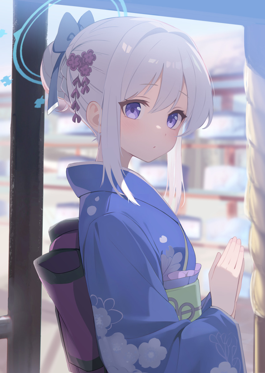 1girl alternate_costume alternate_hairstyle blue_archive blue_halo blush bun_with_braided_base commentary_request floral_print floral_print_kimono from_side hair_bun halo highres japanese_clothes kimono looking_at_viewer miyako_(blue_archive) obi print_kimono purple_eyes purple_kimono purple_sash sash single_hair_bun solo upper_body white_hair zhnyy3