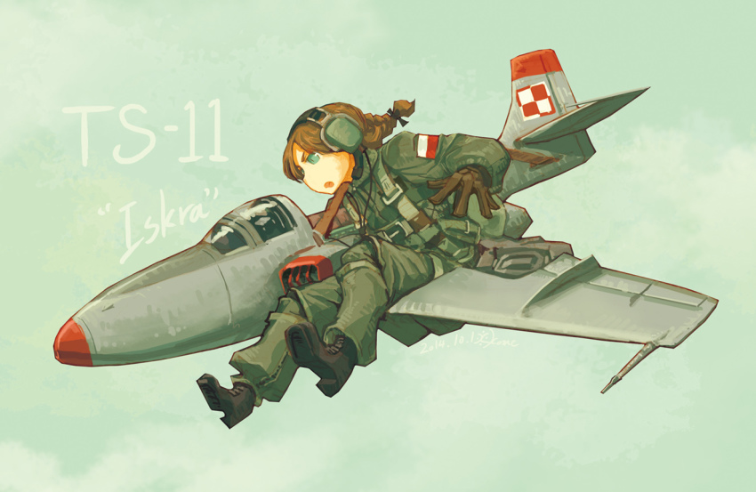 1girl aircraft airplane asterisk_kome braid female_focus fighter_jet flying green_hair jet long_hair military military_uniform military_vehicle poland polish_air_force_checkerboard polish_flag solo ts-11_iskra wings