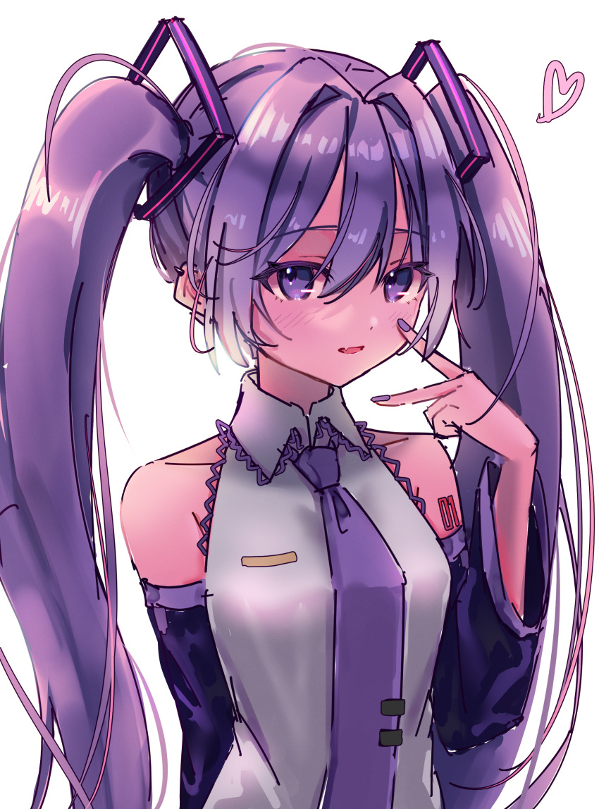 1girl absurdres alternate_color bare_shoulders blush collared_shirt commentary dated_commentary h_raj_(pixiv_93311327) hair_between_eyes hair_intakes hair_ornament hand_up hatsune_miku heart highres long_hair long_sleeves looking_at_viewer nail_polish necktie number_tattoo open_mouth purple_eyes purple_hair purple_nails purple_necktie purple_sleeves shirt shoulder_tattoo sidelocks simple_background sleeveless sleeveless_shirt smile solo tattoo twintails upper_body v very_long_hair vocaloid white_background white_shirt