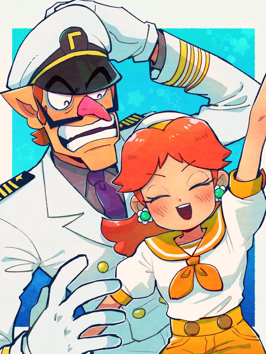 1boy 1girl :d arm_up bags_under_eyes blue_background border brown_hair buttons closed_eyes collared_shirt commentary double-breasted earrings eyelashes facial_hair flower_earrings gloves grey_shirt hand_on_own_head hat highres jacket jewelry long_sleeves looking_at_another mario_(series) mario_kart mario_kart_tour medium_hair military_uniform mustache naval_uniform neckerchief necktie nintendo official_alternate_costume open_mouth orange_neckerchief orange_sailor_collar orange_shorts outside_border peaked_cap pointy_ears pointy_nose princess_daisy princess_daisy_(sailor) puffy_short_sleeves puffy_sleeves purple_necktie sailor_collar sailor_hat shirt shirt_tucked_in short_hair short_sleeves shorts smile star_(symbol) symbol-only_commentary teeth upper_teeth_only waluigi white_border white_gloves white_hat white_jacket white_sailor_collar white_shirt yowasabimechaoc