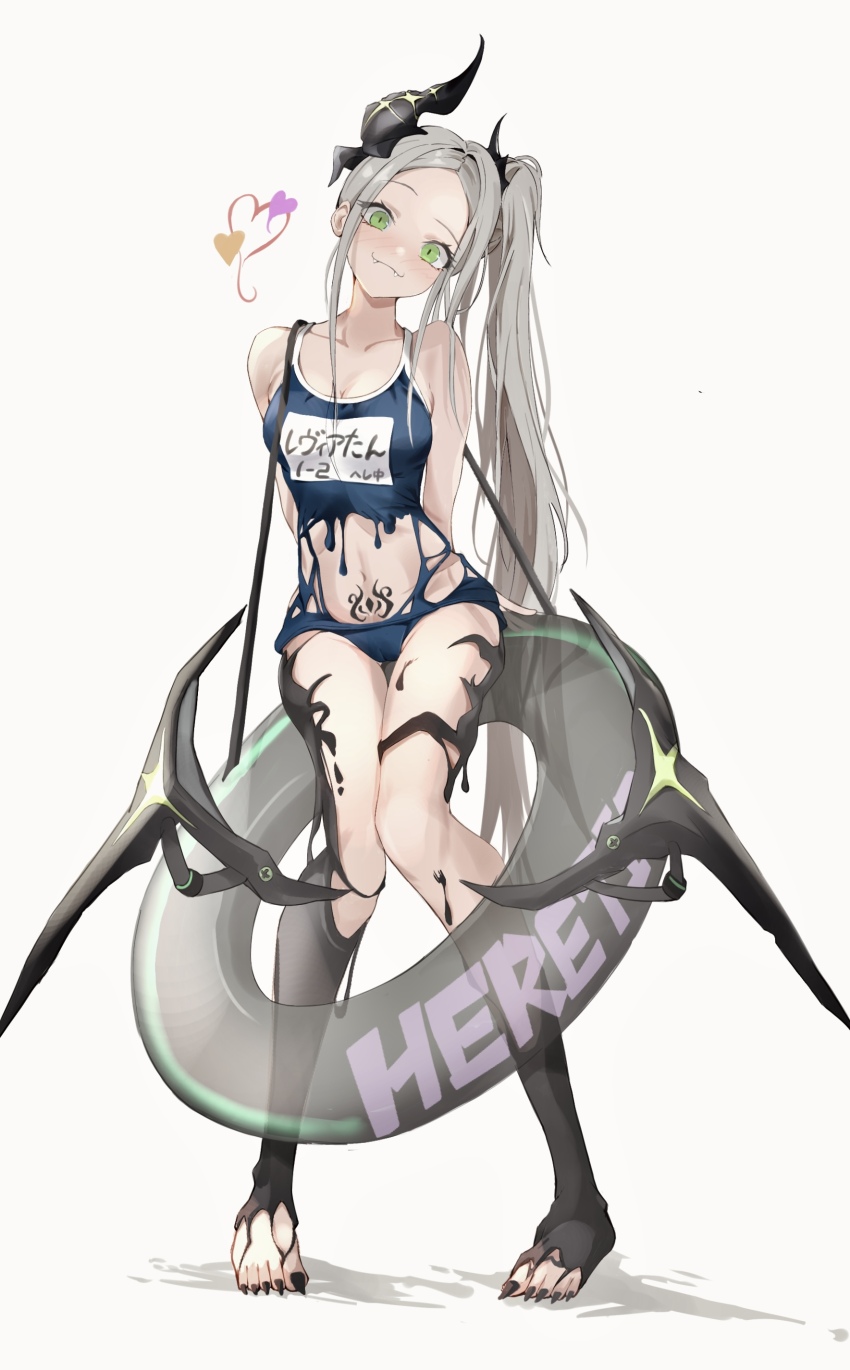 1girl absurdres alternate_costume alternate_hairstyle black_horns black_liquid black_nails breasts fangs forehead goddess_of_victory:_nikke green_eyes grey_hair highres horns leviathan_(nikke) liquid_clothes looking_at_viewer pinjirooo pubic_tattoo small_breasts swimsuit tattoo