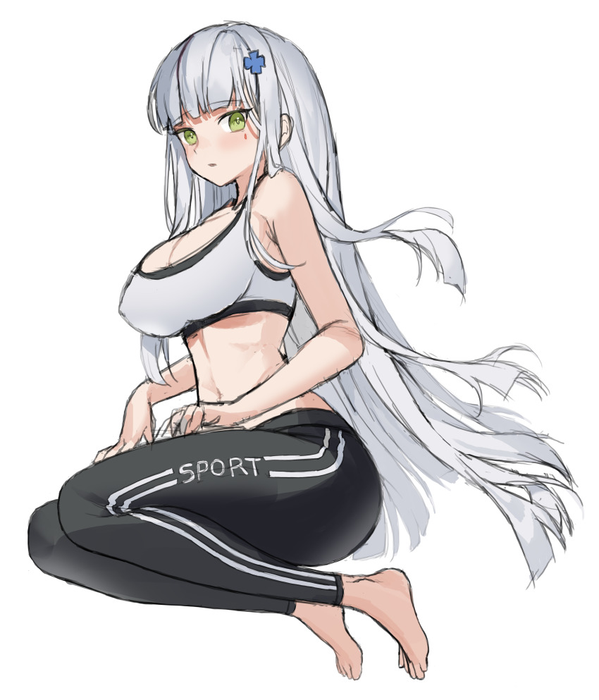 1girl absurdres bare_shoulders barefoot black_legwear blunt_bangs blush bra breasts character_name cleavage covered_erect_nipples floating_hair from_side full_body girls&#039;_frontline green_eyes hair_ornament highres hk416_(girls&#039;_frontline) hyoin large_breasts legs_up linea_alba long_hair looking_at_viewer midriff narrow_waist navel open_mouth pants sidelocks silver_hair simple_background sketch solo sports_bra sportswear tattoo teardrop_tattoo thighs underwear very_long_hair white_background white_bra wide_hips x_hair_ornament yoga_pants