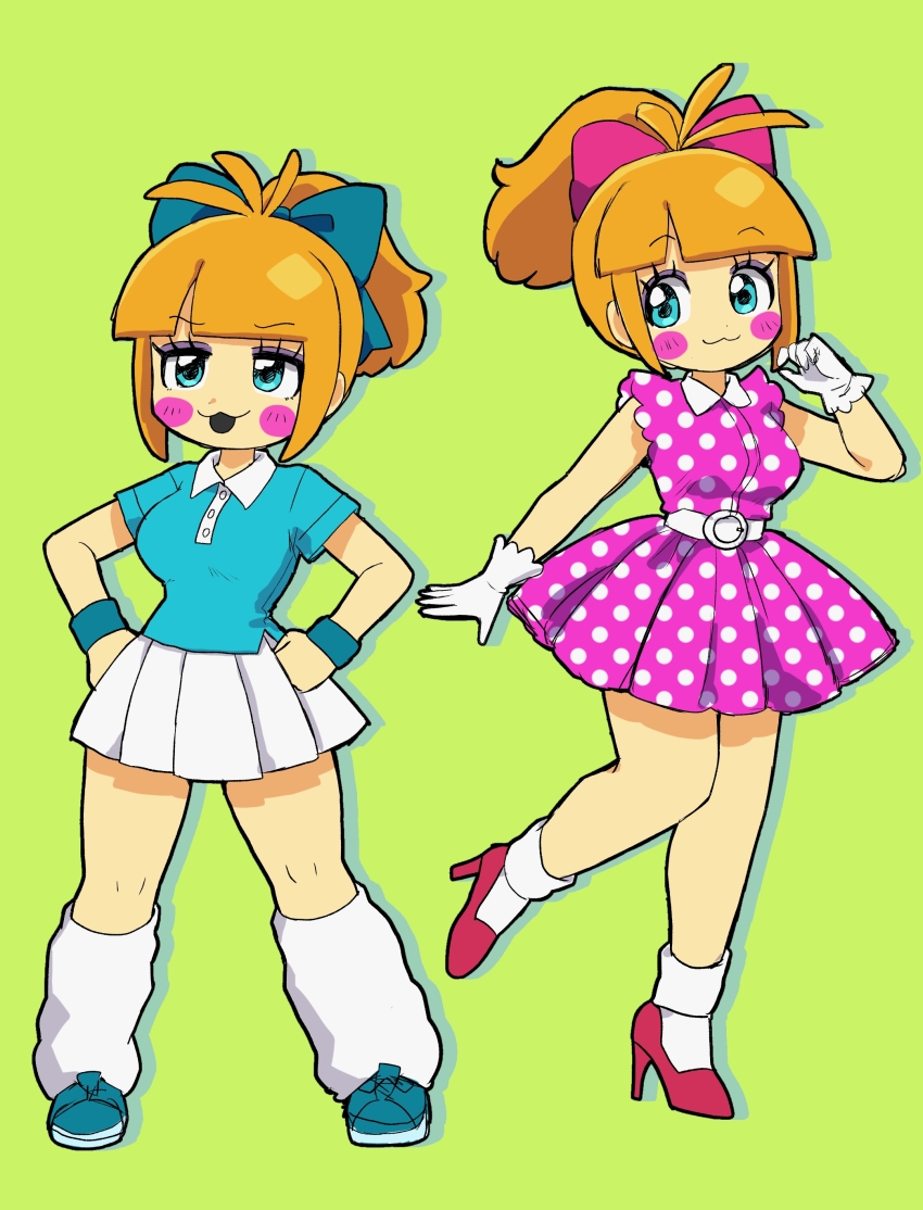 2girls absurdres alternate_costume aqua_eyes belt blonde_hair blue_bow blue_footwear blue_shirt blue_wristband blush blush_stickers bow breasts collared_shirt colored_skin dress dual_persona eyeshadow five_nights_at_freddy&#039;s five_nights_at_freddy&#039;s_2 gloves green_background hair_bow hands_on_own_hips high_heels highres humanization leg_up leg_warmers long_hair makeup minami_(mnm-kyk) multiple_girls open_mouth pink_bow pink_dress pleated_skirt ponytail purple_eyeshadow red_footwear shirt shoes skirt sneakers toy_chica white_gloves white_leg_warmers white_skirt wristband yellow_skin