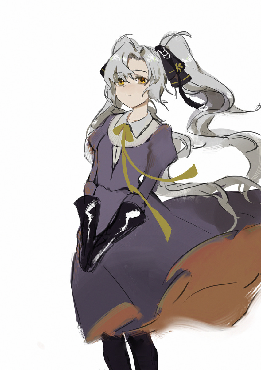 1girl aug_para_(girls&#039;_frontline) black_gloves closed_mouth dress elbow_gloves feet_out_of_frame girls&#039;_frontline gloves grey_hair hair_ribbon highres long_hair looking_away purple_dress ribbon smile_(mm-l) solo standing twintails white_background yellow_eyes