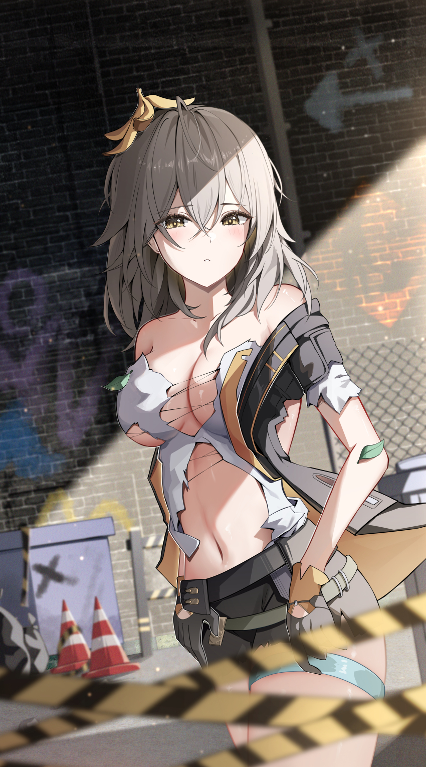 1girl absurdres banana_peel bare_shoulders blush brick_wall cowboy_shot gloves grey_eyes grey_gloves grey_hair grey_shirt grey_skirt highres honkai:_star_rail honkai_(series) long_hair looking_at_viewer miniskirt navel off_shoulder shirt skirt solo standing stelle_(honkai:_star_rail) stomach thighs torn_clothes torn_shirt traffic_cone trailblazer_(honkai:_star_rail) yeni1871