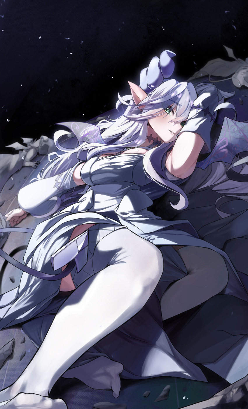 1girl absurdres arm_up armpits breasts card_game demon_girl demon_horns demon_tail demon_wings detached_sleeves dress duel_monster green_eyes highres horns lady_labrynth_of_the_silver_castle lahnshoong large_breasts long_hair long_sleeves lovely_labrynth_of_the_silver_castle lying on_back pointy_ears sky solo star_(sky) starry_sky statue tail thighhighs transparent_wings white_dress white_hair white_thighhighs wings yu-gi-oh!