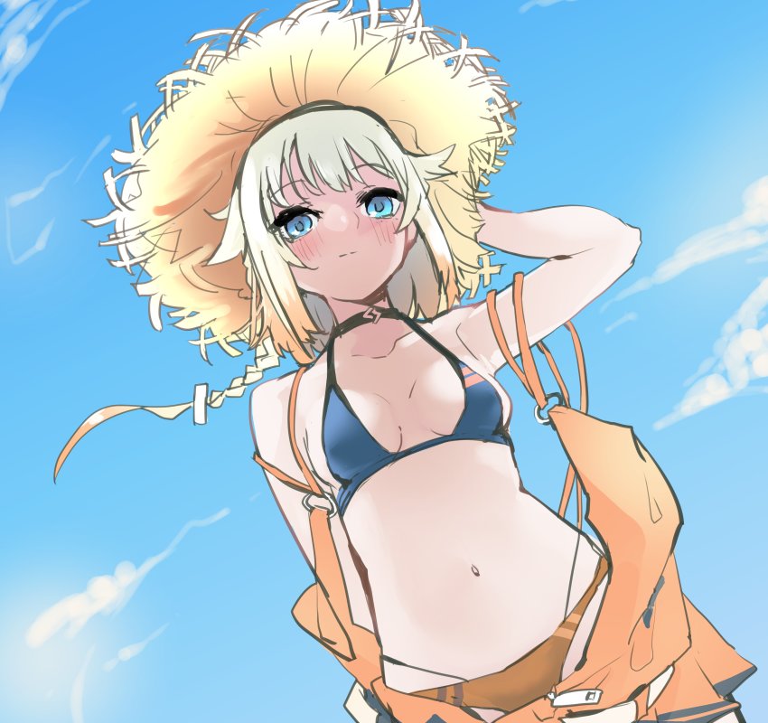 1girl absurdres arm_behind_head arm_up armpits bare_arms bare_shoulders bikini blue_bikini blue_eyes blue_sky blush braid breasts brown_bikini brown_hair brown_hat cevio closed_mouth cloud commentary_request day floating_hair gin_no_taiyou grey_hair hat highres long_hair looking_at_viewer mismatched_bikini navel off_shoulder one_(cevio) outdoors single_braid sky small_breasts solo straw_hat swimsuit