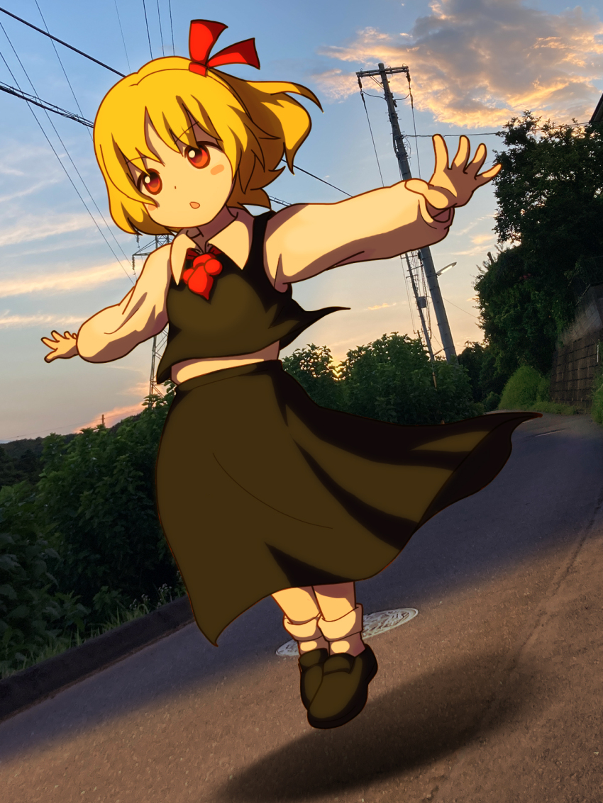 1girl ascot black_footwear black_skirt black_vest blonde_hair bow bush cloud collared_shirt commentary_request floating full_body hair_bow highres kazz long_sleeves open_mouth outdoors outstretched_arms photo_background red_ascot red_bow red_eyes road rumia shirt shoes short_hair skirt skirt_set socks solo spread_arms sunset t-pose touhou tree v-shaped_eyebrows vest white_shirt white_socks