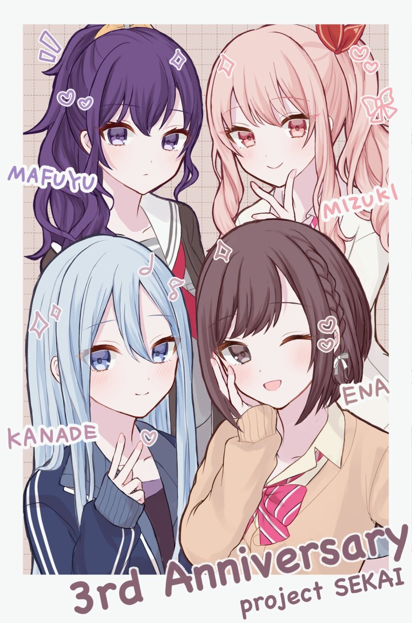 1other 25-ji_nightcord_de._(project_sekai) 3girls akiyama_mizuki ameshi0227 anniversary asahina_mafuyu bent_v black_jacket black_shirt blue_eyes blue_hair blue_jacket blush bob_cut border bow bowtie braid brown_background brown_cardigan brown_eyes brown_hair buttons cardigan character_name closed_mouth collarbone collared_shirt commentary_request diagonal-striped_bow diagonal-striped_bowtie diagonal-striped_clothes double_vertical_stripe english_text expressionless fingernails grey_shirt grid_background hair_between_eyes hair_bow hair_ornament hair_over_one_eye hair_ribbon hair_scrunchie hand_on_own_cheek hand_on_own_face hand_up heart highres inward_v jacket light_blue_hair long_sleeves multiple_girls musical_note neckerchief notice_lines one_eye_closed open_clothes open_jacket open_mouth orange_scrunchie pink_eyes pink_hair ponytail project_sekai puffy_long_sleeves puffy_sleeves purple_eyes purple_hair red_bow red_bowtie red_neckerchief ribbon sailor_collar school_uniform scrunchie shinonome_ena shirt side_ponytail sidelocks simple_background single_braid sleeves_past_wrists smile sparkle straight_hair striped_clothes upper_body v white_border white_ribbon white_sailor_collar yellow_shirt yoisaki_kanade