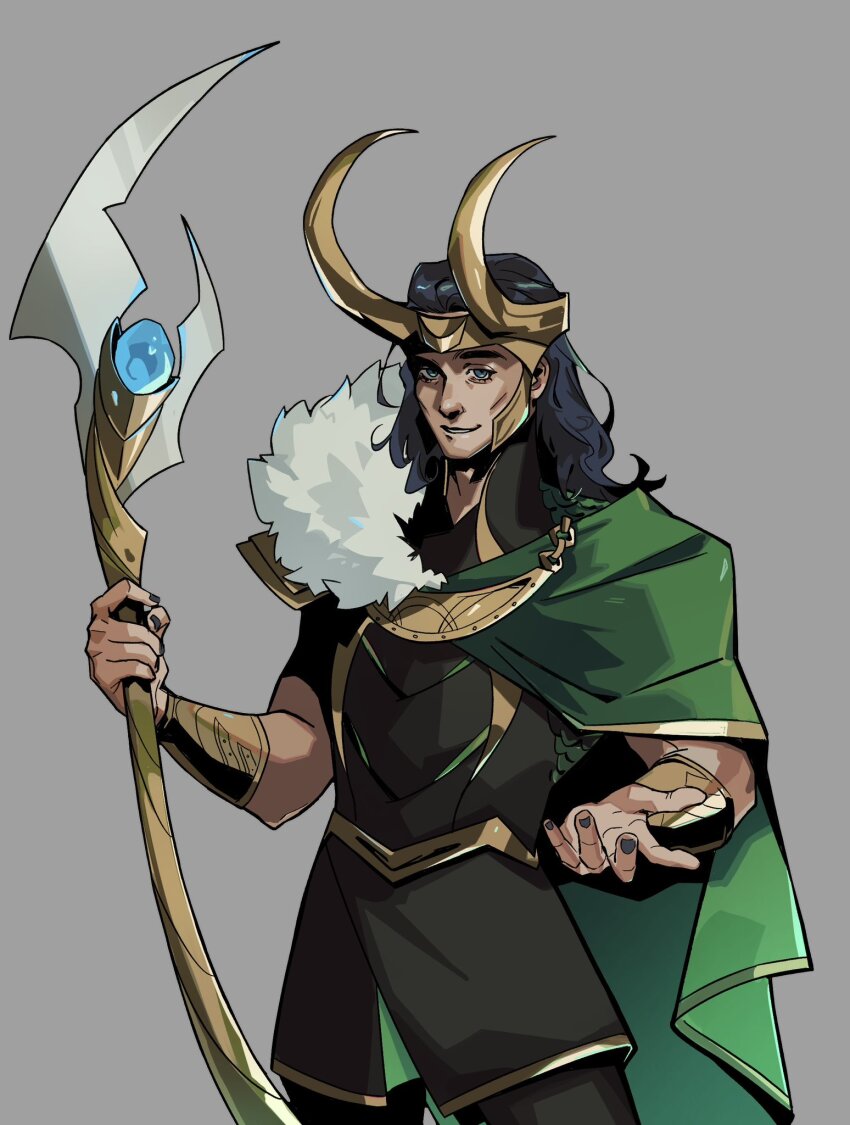 1boy black_hair black_nails black_pants black_shirt cape chain commentary english_commentary fake_horns fingernails fur_collar fur_trim gold_chain gold_trim green_cape green_eyes grey_background hades_(series) hammerings hands_up highres holding holding_scepter horns loki_(marvel) looking_at_viewer male_focus marvel marvel_cinematic_universe medium_hair nail_polish pants parody scepter shirt short_sleeves simple_background smile solo standing style_parody teeth