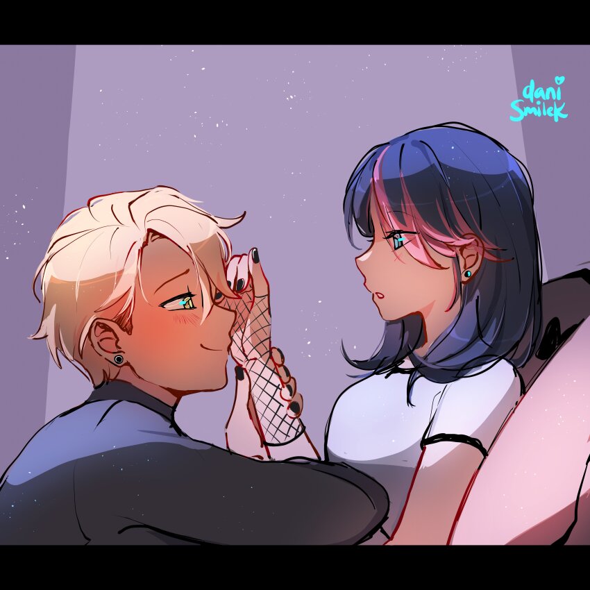 1boy 1girl absurdres adrien_agreste black_shirt blonde_hair blue_eyes blue_hair blush closed_mouth danismilek earrings gloves green_eyes highres jewelry looking_at_another marinette_dupain-cheng miraculous_ladybug purple_background shirt smile white_shirt