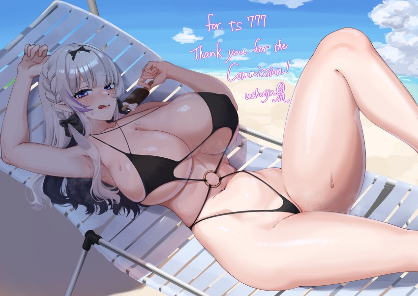 1girl :q absurdres arm_up armpits artist_name beach bikini black_bikini black_bow black_hair blue_sky blush bow breasts cloud cloudy_sky colored_inner_hair commentary_request commission cowboy_shot day english_text food food_on_body food_on_breasts hair_bow hands_up highres holding holding_food holding_popsicle huge_breasts knees_up long_hair looking_at_viewer lying micro_bikini multicolored_hair navel nijisanji o-ring o-ring_bikini ocean on_back pointy_ears popsicle purple_eyes rhea_(virtuareal) sand shade skeb_commission skindentation sky solo string_bikini swimsuit thank_you thong_bikini tongue tongue_out uchujin_416 virtual_youtuber virtuareal white_hair