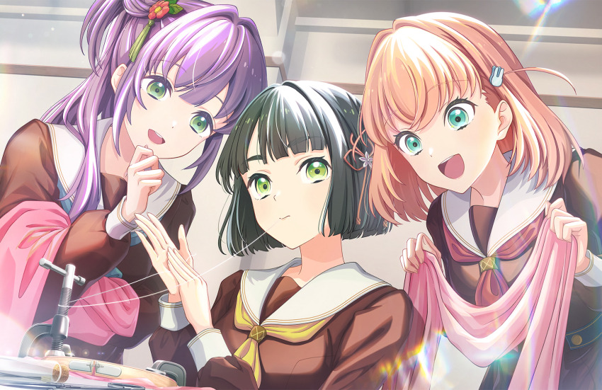 3: 3girls :d aqua_eyes aqua_neckerchief black_hair blunt_bangs blunt_ends breasts brown_dress cerise_bouquet closed_mouth cork crossed_bangs dress flower flower_knot game_cg green_eyes hair_bun hair_flower hair_ornament hasu_no_sora_school_uniform highres hinoshita_kaho holding holding_cloth holding_string indoors leaning_forward link!_like!_love_live! long_hair long_sleeves looking_at_another love_live! medium_breasts medium_hair momose_ginko mouth_hold multiple_girls neckerchief needle official_art open_mouth orange_hair otomune_kozue purple_hair rabbit_hair_ornament red_flower red_neckerchief sailor_collar sailor_dress school_uniform sewing sewing_needle short_hair side_ponytail sidelocks single_side_bun sitting smile string teeth third-party_source thread two_side_up upper_body upper_teeth_only virtual_youtuber white_sailor_collar winter_uniform yellow_neckerchief