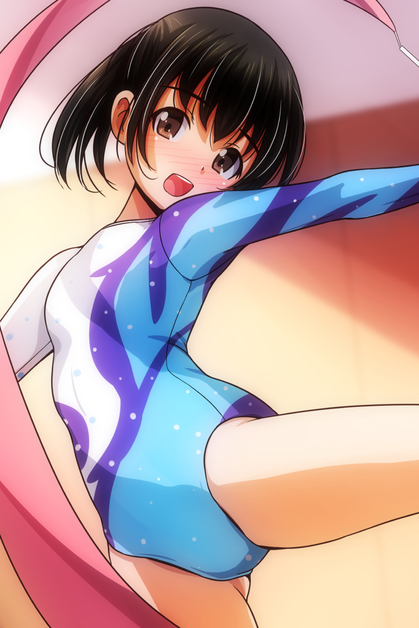 1girl absurdres athletic_leotard black_hair breasts brown_eyes gymnastics gymnastics_ribbon highres leotard long_sleeves matsunaga_kouyou medium_breasts multicolored_leotard open_mouth original rhythmic_gymnastics round_teeth solo standing standing_on_one_leg teeth twintails upper_teeth_only